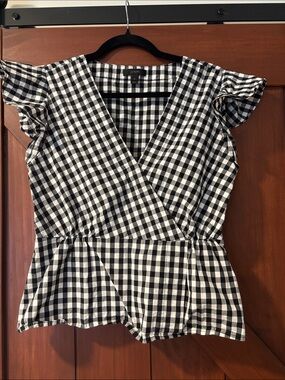 J Crew Womens 8 Black White Cotton Check Print Ruffle Cap Sleeve Side Zip Top